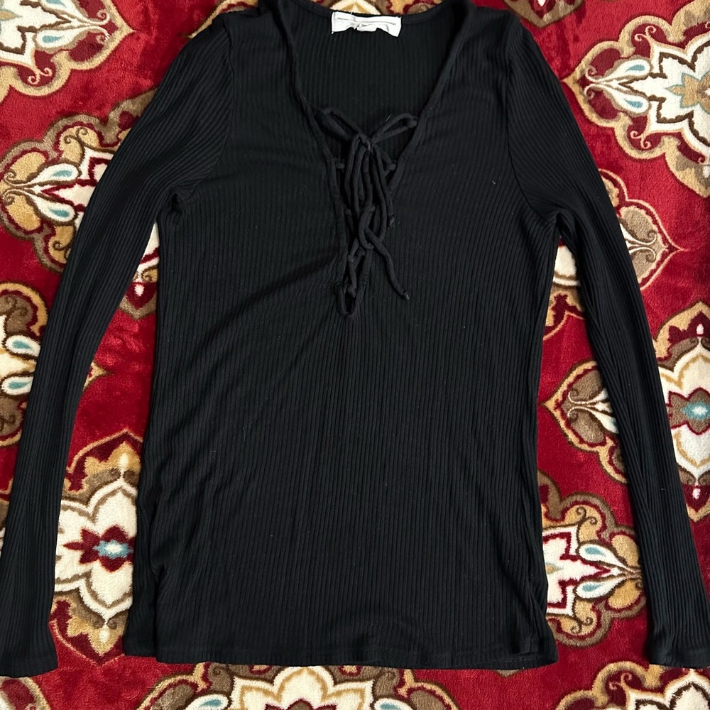 Black Lace-Up Ribbed Top